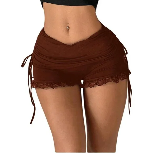 Women's Light Brown Side Drawstring Ruched Lace Shorts Stretchy Mini Shorts - Picture 1 of 5